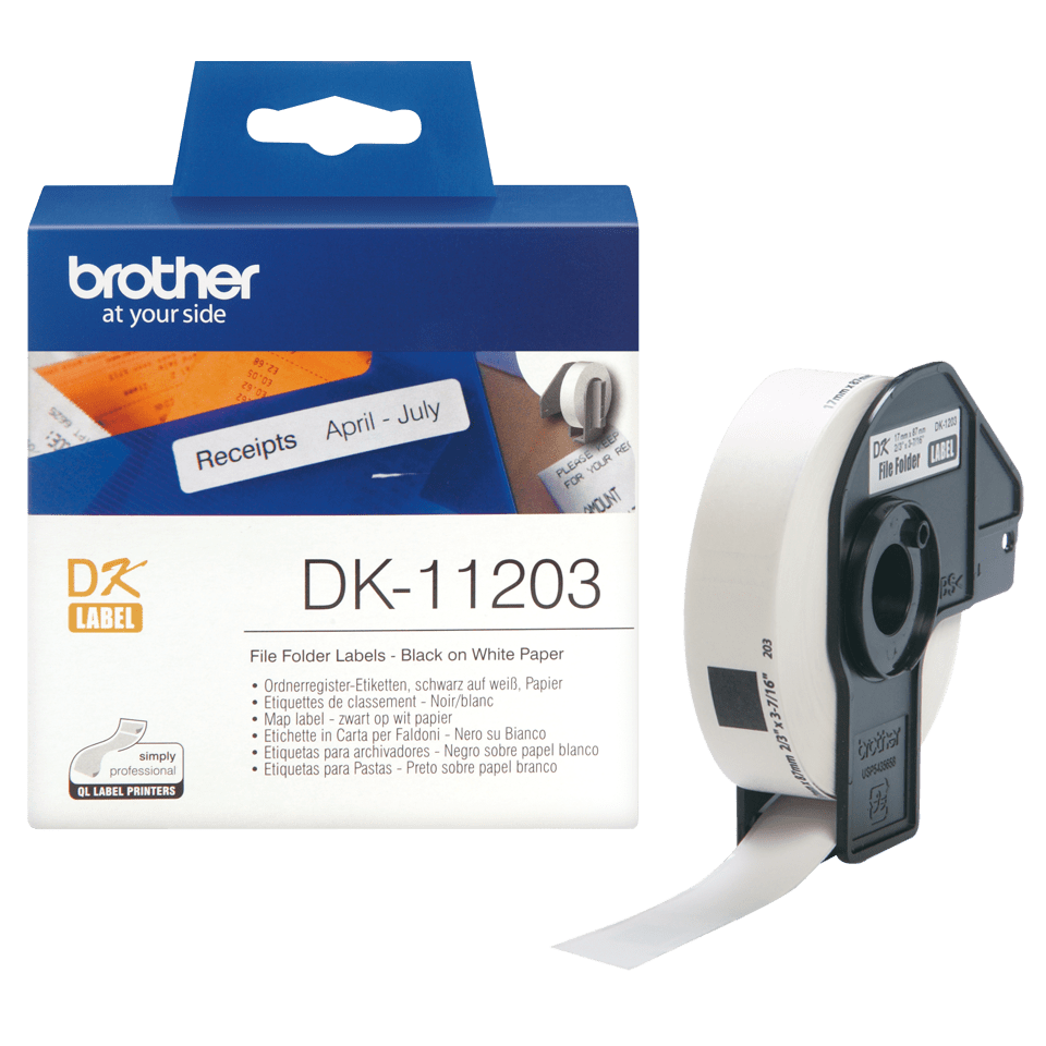Original Brother DK11203 etikett for arkivmapper – sort på hvit, 17 mm x 87 mm 3